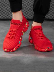 Sapatos Casuais de Enfiar da Moda para Casais, Sapatos de Meia Respiráveis, Leves e Confortáveis de Primavera/Outono, Sapatos Macios e Duráveis para Corridas Esportivas - Vermelho - Ver 4