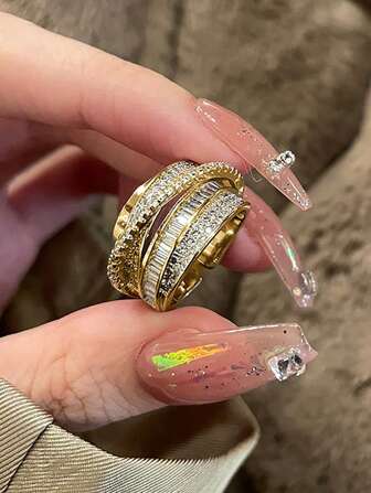 jealous young 1pc Multi-Layer Cubic Zirconia Openable Rings For Women Girl Daily Wear Jewelry