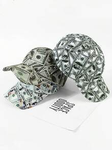 1頂女士嘻哈棒球帽，美元印花，夏季防曬寬邊棒球帽，男女適用的街頭服飾帽，時尚柔軟頂部，適合春夏日常防風防曬穿著，大頭圍 - 鴨舌帽 - 查看 1