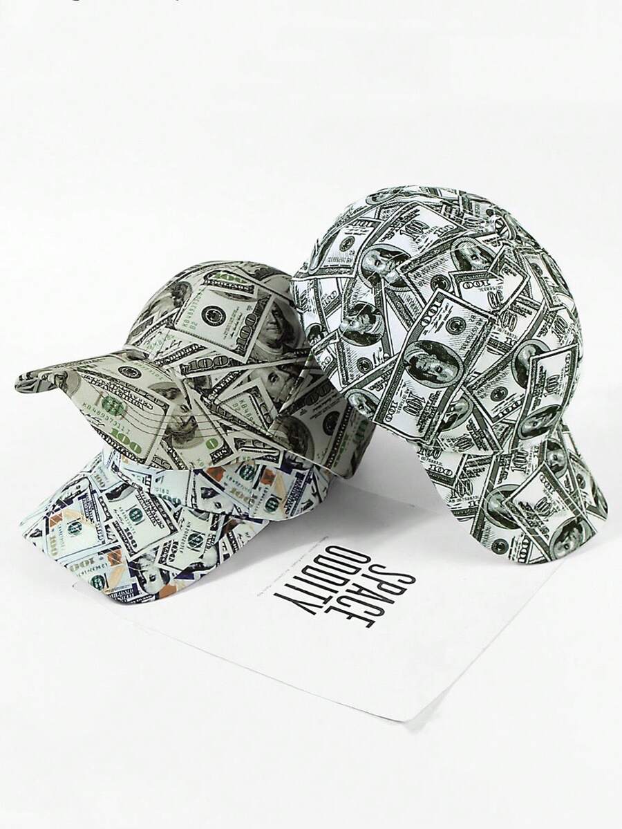 1頂女士嘻哈棒球帽，美元印花，夏季防曬寬邊棒球帽，男女適用的街頭服飾帽，時尚柔軟頂部，適合春夏日常防風防曬穿著，大頭圍 - 鴨舌帽 - 查看 1