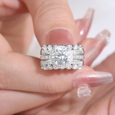 2枚/套 S925纯银2克拉8*8毫米圆形莫桑石戒指，低过敏性，优雅奢华，全镶钻，适合作为礼物送给朋友、妻子、母亲 - 附带莫桑石证书和精美包装，情人节、母亲节的理想之选