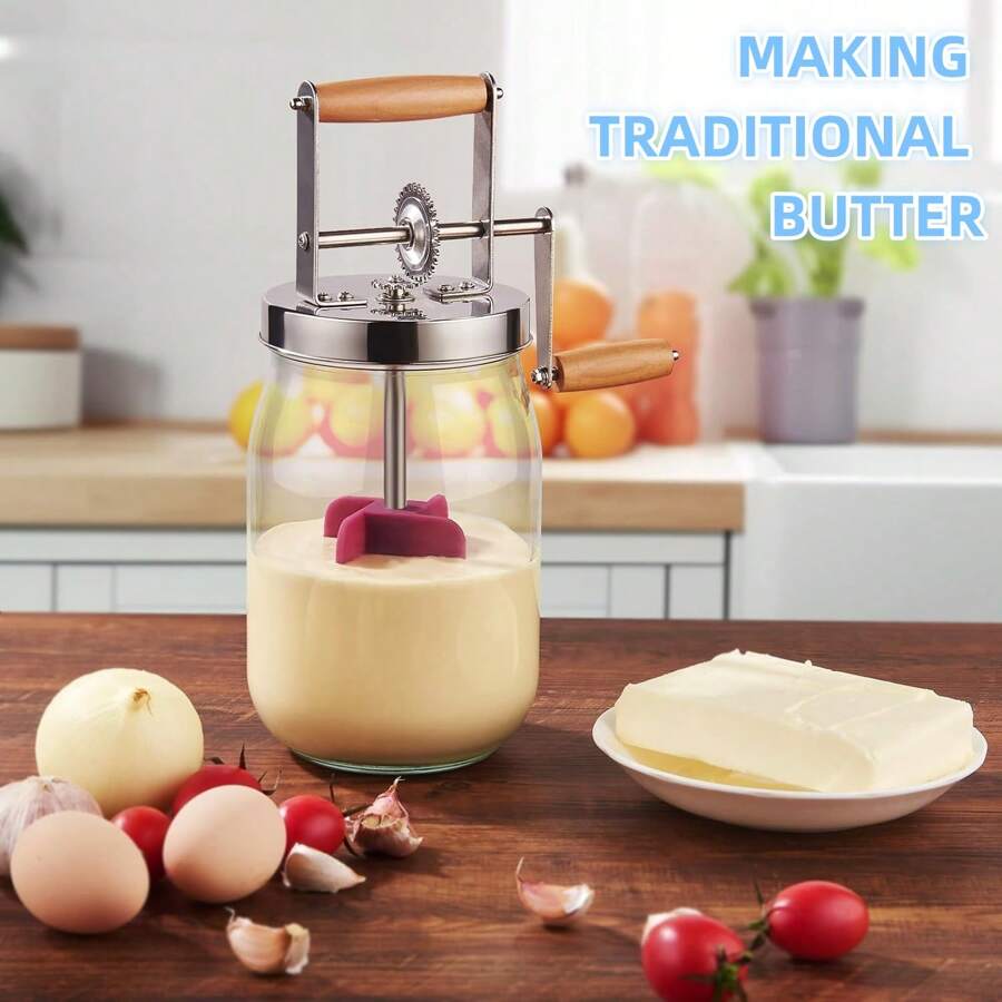 1 Stück manueller Butterrührer, Holzgriff schüttelt manuelle Butterhersteller mit Edelstahlgetriebe, Butterrührer Handkurbel Einmachglas, um köstliche selbstgemachte Butter zu kreieren, Essen, Küche, Reise, Küchenutensilien, Küchengeräte, Küchendinge. - Transparent - Übersicht 1