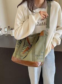 帆布大容量信封印花休閒購物通勤女式肩掛斜揹包 - 軍綠色 - 查看 4