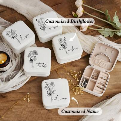 1pc Customized Birthday Flower & Name Women's Jewelry Box, Fashionable Personalized Leather Jewelry Organizer, Perfect Gift For Mother, Girlfriend, Anniversary, Mother's Day For Mom, Gold, Fashionable, Colorful, Retro, Unisex, Minimalist, Casual, Customized, Personalized, Unique, Ideal Gift For Him, Ideal Gift For Her, Boyfriend, Girlfriend, Dad, Mom, Family, Friends, Anniversary, Birthday, Graduation, Prom, Party, Gold Jewelry