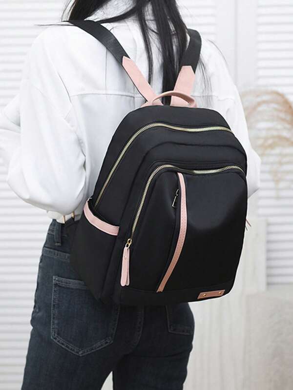 Mochila de damas de nailon sencilla y de moda en unicolor, de gran capacidad, con compartimento para portátil, portátil, ligera, casual de negocios, adecuada para adolescentes, mujeres universitarias, principiantes y trabajadores de cuello blanco, perfecta para volver a la escuela, universidad, escuela secundaria, trabajo, negocios, trayecto