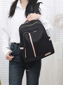 简约时尚纯色尼龙女士背包，容量大，笔记本电脑隔层，便携，轻便，商务休闲，适合少女、女大学生、新手和白领，非常适合返校、大学、中学、高中、工作、商务、通勤 - 黑色 - 查看 2