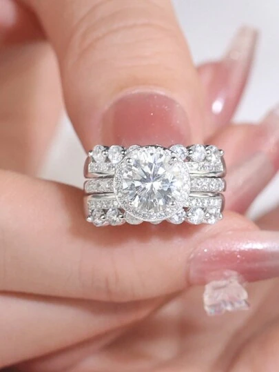 2枚/套 S925纯银2克拉8*8毫米圆形莫桑石戒指，低过敏性，优雅奢华，全镶钻，适合作为礼物送给朋友、妻子、母亲 - 附带莫桑石证书和精美包装，情人节、母亲节的理想之选