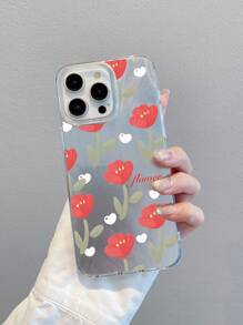 Y2k 1pc Minimalist Cute Red Tulip Eight Feathers And Yarn Patterned Anti-Fingerprint Frosted Phone Case With Shiny Camera Protection, Compatible With Apple/Samsung/Xiaomi/Redmi/VIVO/Infinix/OPPO/Reno - Clear - View 1
