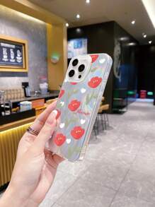 Y2k 1pc Minimalist Cute Red Tulip Eight Feathers And Yarn Patterned Anti-Fingerprint Frosted Phone Case With Shiny Camera Protection, Compatible With Apple/Samsung/Xiaomi/Redmi/VIVO/Infinix/OPPO/Reno - Clear - View 4
