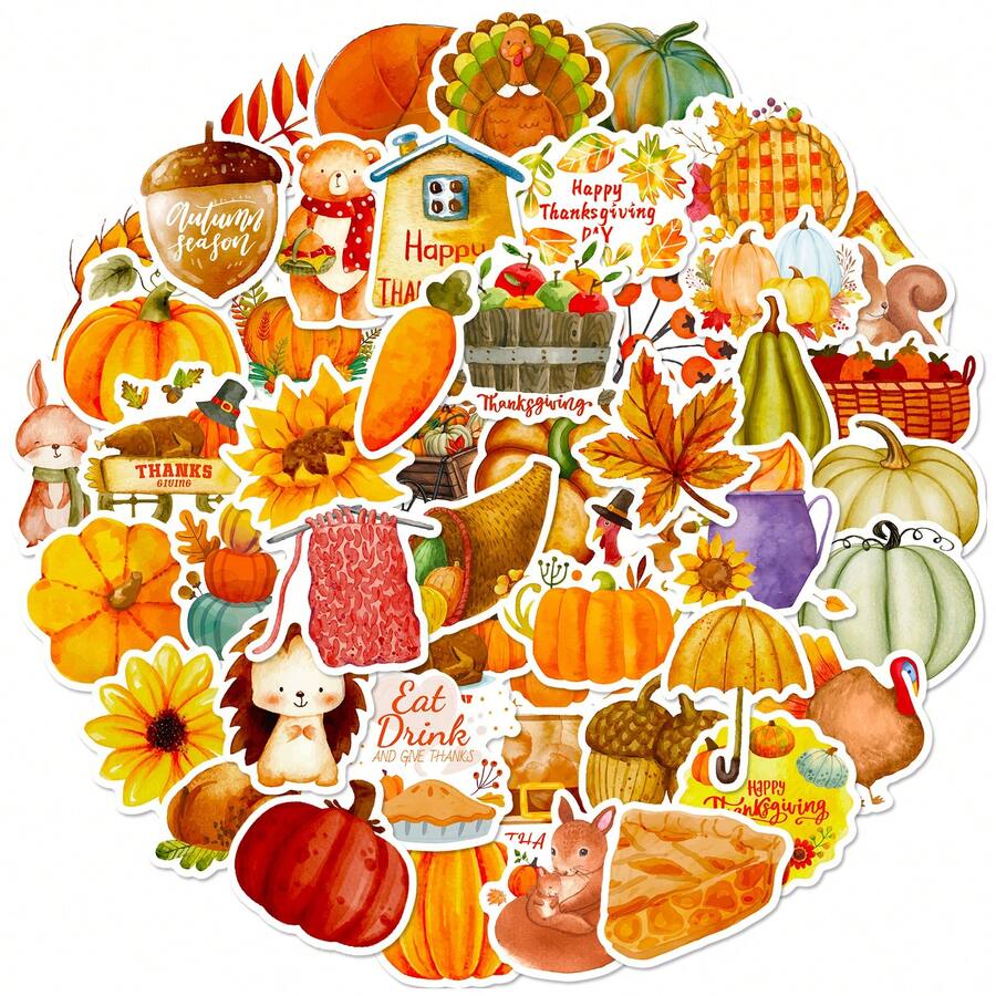 50 个/包感恩节南瓜火鸡秋季枫叶涂鸦剪贴簿贴纸，适用于水瓶、头盔、手提箱，很棒的感恩节礼物贴纸万圣节装饰 - 彩色 - 查看 1