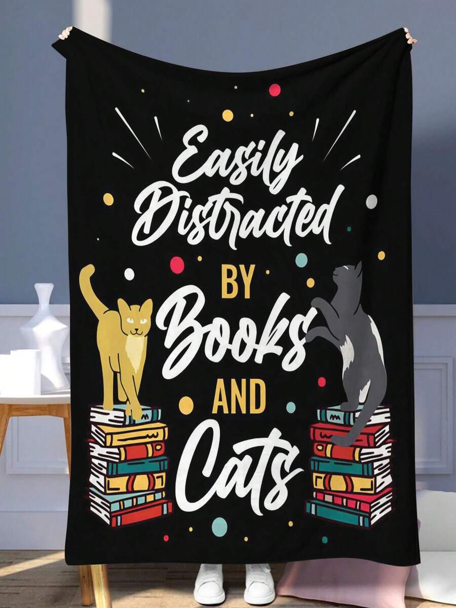 1入超柔軟法蘭絨抱毯，圖案為書和貓，適合當做沙發/臥室/辦公室/露營/旅行的禮物，高清印刷法蘭絨毛抱毯，多種尺寸選擇，小尺寸毛毯/午睡毯 - 彩色 - 查看 1