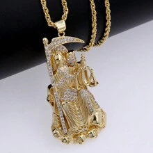 18K vergoldetes Kupfer mit eingelegtem Cubic Zirkonia Death God Anhänger Halskette, gedrehte Seil Kette, Hip Hop Stil, geeignet für und abgefahrene Punk Männer