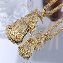 18K vergoldetes Kupfer mit eingelegtem Cubic Zirkonia Death God Anhänger Halskette, gedrehte Seil Kette, Hip Hop Stil, geeignet für und abgefahrene Punk Männer
