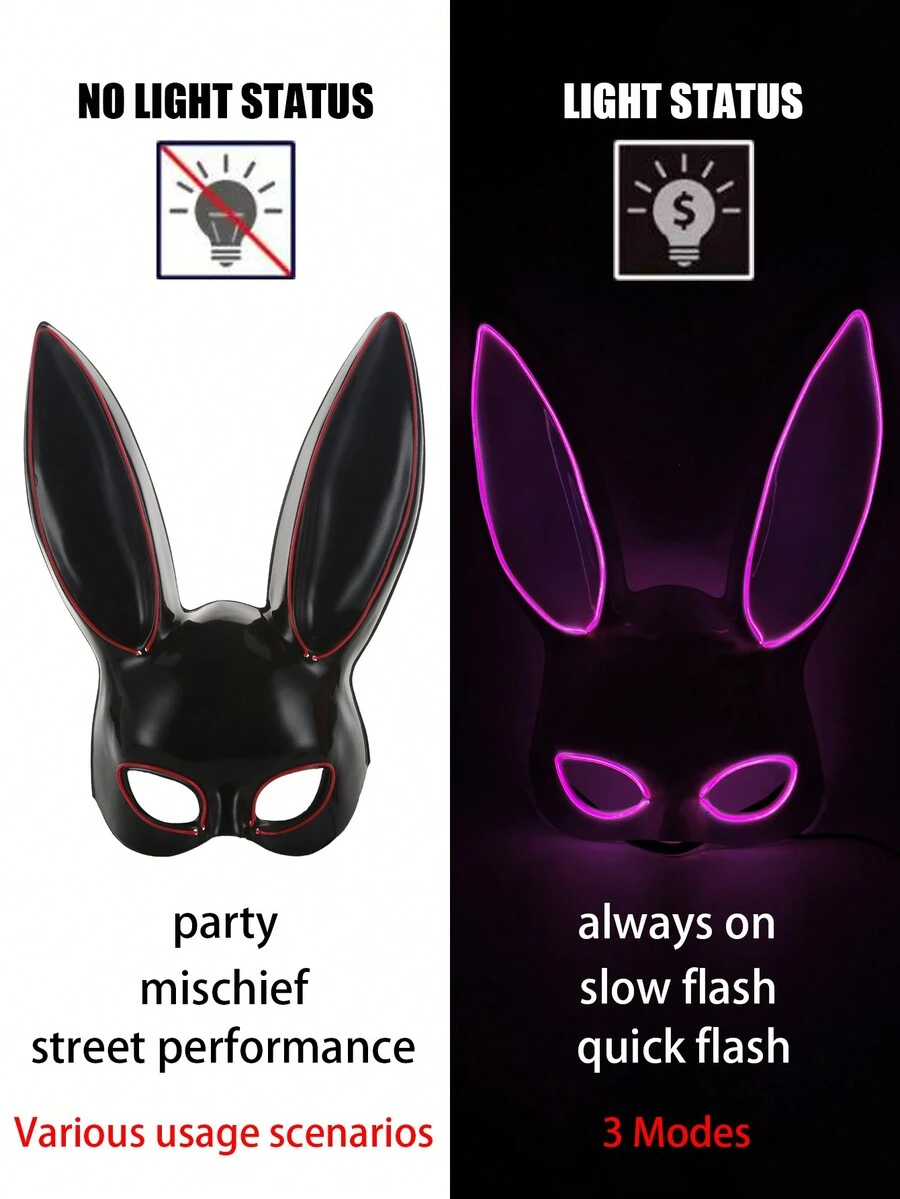 1入LED兔子發光面罩，兔女郎面罩，3種燈光模式，舒適貼合面部，萬聖節面罩，可愛動物面罩，舞台和電影道具，嘉年華派對配件，服裝面罩，角色扮演面罩，魔術表演道具，惡作劇道具，節日配件，家庭休閒娛樂配件，精美禮物，適用於女性 - 彩色 - 查看 1