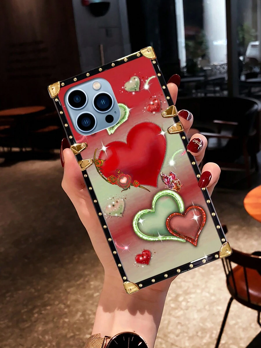 1pc Heart Pattern Rectangular Brand Shock-Resistant Fashionable Phone Case Compatible With IPhone 15 Pro Max/15 Pro/15/14 Plus/15 Plus/14 Pro Max/14 Pro/14/13 Pro Max/13 Pro/13/12/12Pro/12 Pro Max/11 Pro Max/11 Pro/11/XS Max/XR/X/XS/7Plus/8Plus And Galaxy - Multicolor - View 1