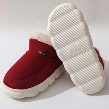 女士厚底一脚蹬保暖毛绒拖鞋，防滑耐用，适合秋冬季 - 酒紅色 - 查看 3