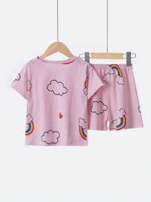 2 piezas Pijama de manga corta para niñas jóvenes, estampado de nubes y arcoíris, ligero y transpirable - Rojo violeta - Ver 3