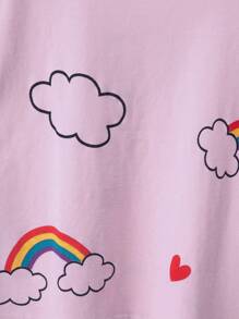 2 piezas Pijama de manga corta para niñas jóvenes, estampado de nubes y arcoíris, ligero y transpirable - Rojo violeta - Ver 5