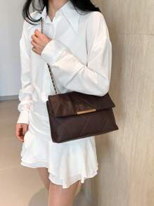 Bolso de cadena de hilo bordado de diamantes, bolso de mano casual, bolso elegante de hombro cruzado, hebilla doble, doble cadena, bolso de solapa - Marrón - Ver 12