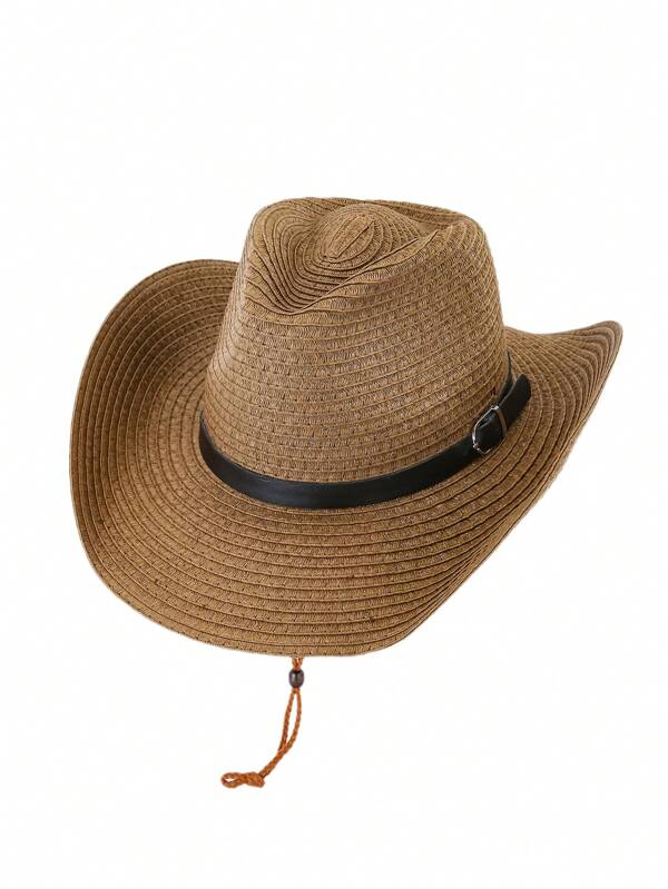 1pc Foldable Unisex Summer Western Cowboy Hat, Solid Color With Belt Decor, UV Protection Sunhat For Outdoor, Travel, Vacation