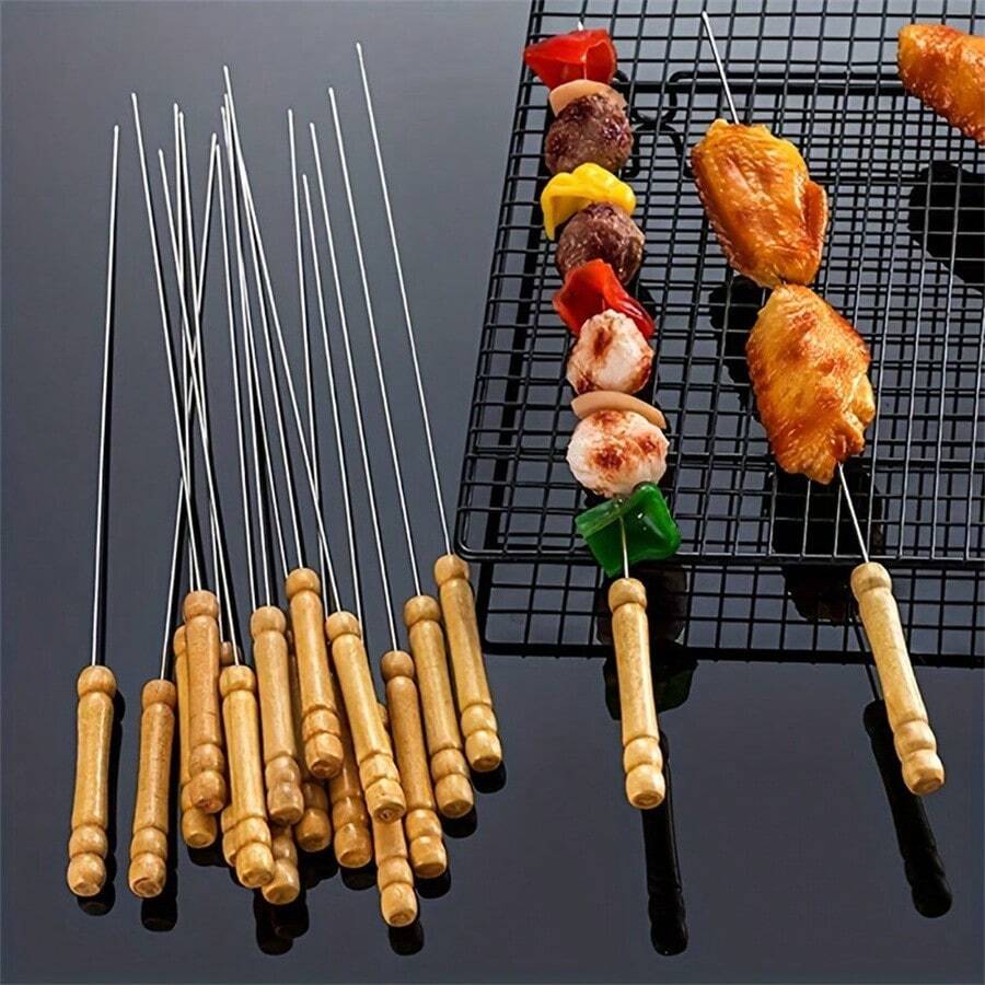 10pcs, Barbecue Skewers, Stainless Steel Skewers For BBQ, Multifunctional Metal BBQ Skewers, Grilling Stainless Steel Skewers, Barbecue Skewers With Wooden Handle, BBQ Needle Sticks, Outdoor Cooking, BBQ Supplies,
