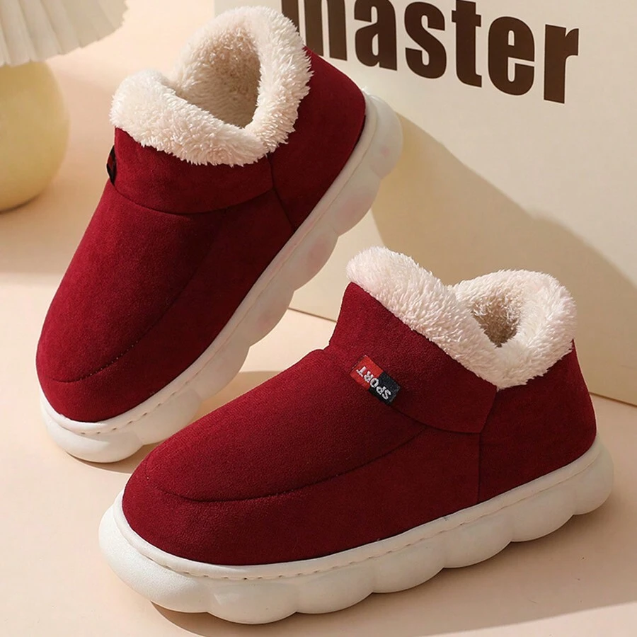 女士厚底一脚蹬保暖毛绒拖鞋，防滑耐用，适合秋冬季 - 酒紅色 - 查看 1