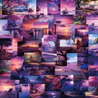 50PCS Purple Tranquil Scenery Stickers Vinyl Aesthetics Stickers For Scrapbooking, Diary, Laptop, Bumper, Skateboard, Water Bottle, Computer, Phone, Cartoon, Hard Hat, Car Stickers And Decals,School Supplies,Back To School