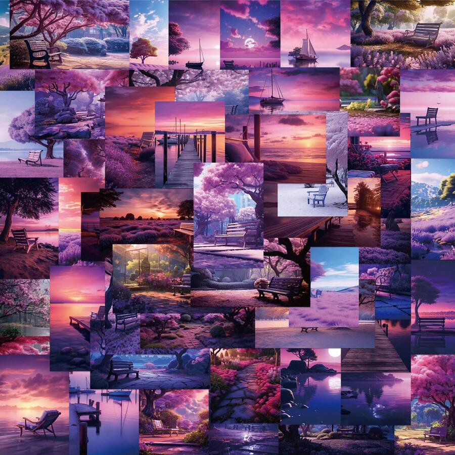 50 张紫色宁静风景贴纸乙烯基美学贴纸，适用于剪贴簿、日记、笔记本电脑、保险杠、滑板、水瓶、电脑、手机、卡通、安全帽、汽车贴纸和贴花、学校用品、返校 - 彩色 - 查看 1