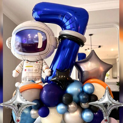 45pcs Universe Space Series Deep Blue 3D Number Balloons Astronaut Party Decoration Set, Suitable For Festivals, Birthdays, Weddings, Parties And Other Event Venues