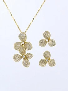 1 Set/2Pcs Luxury 925 Silver Flower Full Zirconia 14K Gold Earrings And Necklace Pendant  Elegant Women Setting Jewelry For Party And Wedding Gifts