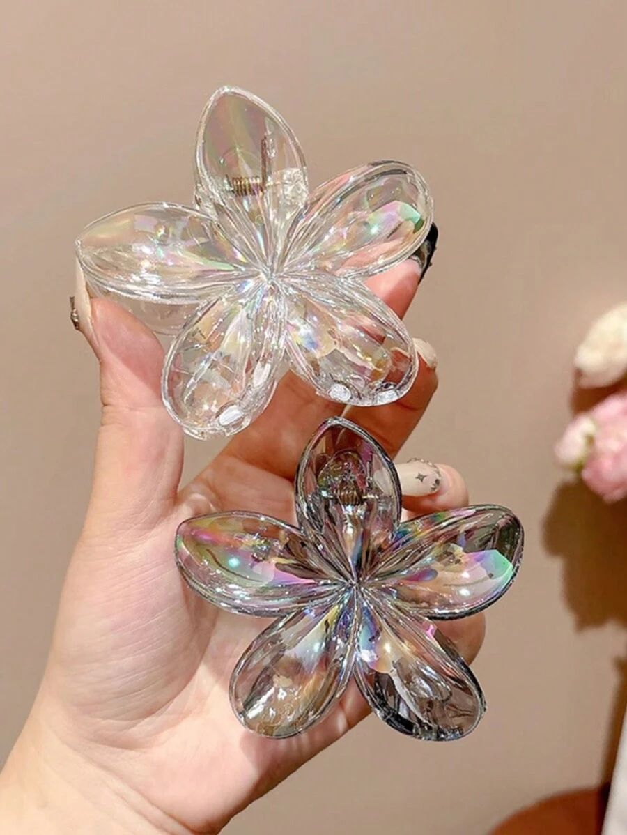 2 piezas Pinzas de pelo de plástico ligeras y grandes de 7,5 cm/2,95 pulgadas con diseño de flores holográficas blancas y negras de estilo de sirena para mujeres, elegantes y sencillas, adecuadas para uso diario casual, fiesta, viaje, lavado de cara, maquillaje, accesorio de vestimenta, accesorios para el cabello para mujeres, escuela, universidad, otoño e invierno