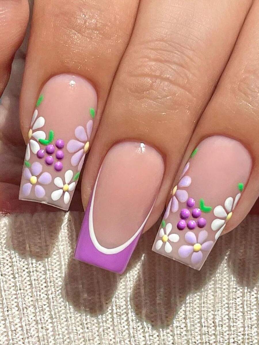24 peças Médias Unhas Quadradas Clássicas Roxo Francês, Uvas Roxas Brancas Frescas e Fofas e Flores Pequenas e Fofas, adequadas para decoração de unhas femininas + 1 Gel Jelly + 1 Barra de Polimento - Multicolorido - Visão 1