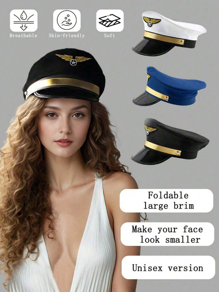 1pc Carnival Party Pilot Hat, Aviation Captain Hat, Stage Prop Performance Wide Brim Hat, Adult Aviation Crew Pilot Cap, Costume Role Play Hat - Multicolor - View 1