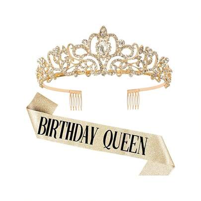 Bling Rhinestone Crystal Crown Tiara Birthday Queen Sash And Crown For Women Birthday Party Decoration Kit Queen Glitter Crystal Hair Accessories,Christmas