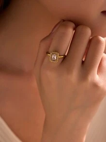 1pc Stainless Steel Gold Square & Round Rhinestone Minimalist Luxury Women Ring - Yellow Gold - View 2