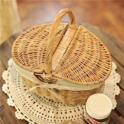 Breathable Household Woven Wicker Portable Basket With Cover For Storage And Picnic