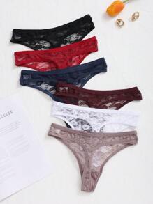6pcs Women's Multicolor Sexy Low-Rise Lace Thong With Floral Edge