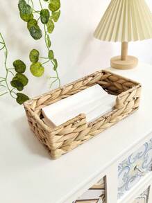 1 Water Hyacinth Woven Basket, Square Napkin Holder For Toilet Paper Arrangement And Storage, Wicker Basket, Toilet Tank Storage Basket, Home Arrangement And Storage Supplies - Khaki - View 7