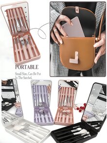 5pcs LED Light Makeup Brush Set Portable Complete Makeup Brush Set With Mirror Box, Convenient For Touch-Up,Brush Set,Makeup Brush Kit,Make Up Brush Set,Make Up Set Complete,Makeup Brush Set,Complete Makeup Kit,Brush Kit,Brushes Makeup Set,Makeup Gift Set,Set - Multicolor - View 1