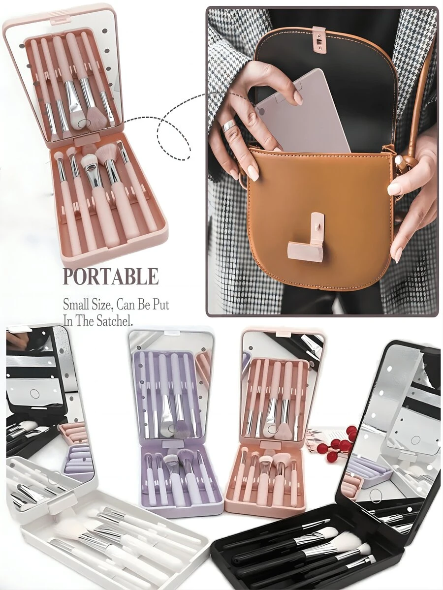 5pcs LED Light Makeup Brush Set Portable Complete Makeup Brush Set With Mirror Box, Convenient For Touch-Up,Brush Set,Makeup Brush Kit,Make Up Brush Set,Make Up Set Complete,Makeup Brush Set,Complete Makeup Kit,Brush Kit,Brushes Makeup Set,Makeup Gift Set,Set - Multicolor - View 1