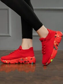 Sapatos Casuais de Enfiar da Moda para Casais, Sapatos de Meia Respiráveis, Leves e Confortáveis de Primavera/Outono, Sapatos Macios e Duráveis para Corridas Esportivas - Vermelho - Ver 6