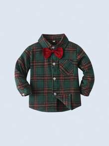 BOARNSEORL 2 件套年轻男孩绅士装 - 绿色格子长袖衬衫配领结和吊带裤，时尚百搭，适合生日派对、跨年夜、婚礼、迎婴派对、圣诞节 - 紅色 - 查看 5