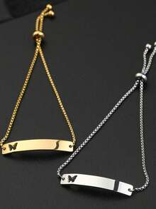 Personalized Stretch Name Bracelet, Custom Engraved Stainless Steel Cut-Out Butterfly, Heart, Or Bar Charm Pull Cord Bracelet For Women, Birthday, Anniversary, Couples Gift, Christmas Present