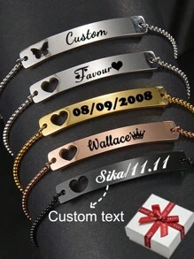 Personalized Stretch Name Bracelet, Custom Engraved Stainless Steel Cut-Out Butterfly, Heart, Or Bar Charm Pull Cord Bracelet For Women, Birthday, Anniversary, Couples Gift, Christmas Present