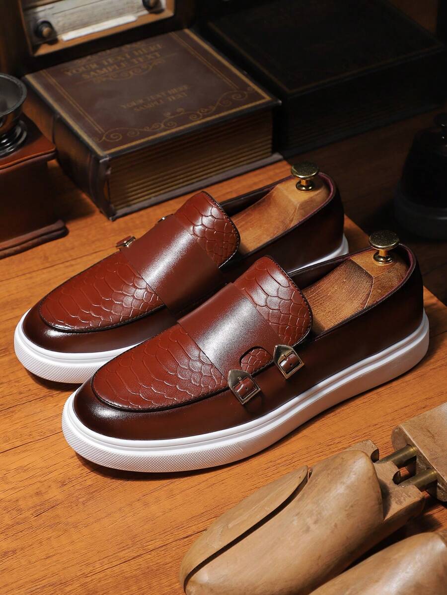 雙扣休閒男鞋，男士皮革樂福鞋，優雅男士單帶鞋，時尚增高厚底男鞋 - 棕色 - 查看 1