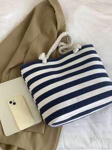 Nuevo bolso de lona tejida de gran capacidad y oversized, de sujeción manual/de hombro - Azul y blanco - Ver 5
