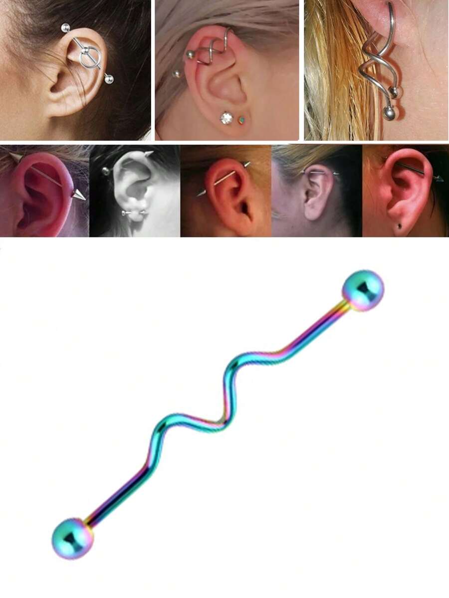 1 pieza Pendiente de aro largo de hueso de oreja transversal de acero inoxidable 316L, piercing de barra para hombre con espiral retorcida geométrica, pendiente de letra W para mujer con patrón de línea, joyería al por mayor de estilo europeo y americano - Líneas retorcidas onduladas geométricas - Ver 1
