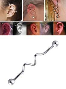 1 pieza Pendiente de aro largo de hueso de oreja transversal de acero inoxidable 316L, piercing de barra para hombre con espiral retorcida geométrica, pendiente de letra W para mujer con patrón de línea, joyería al por mayor de estilo europeo y americano - Líneas retorcidas onduladas geométricas - Ver 2
