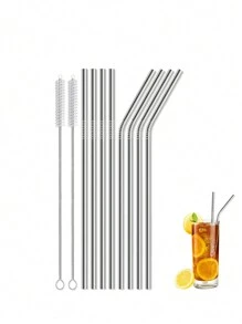 8 Stück/16 Stücke wiederverwendbare Edelstahl-Metalstrohhalme Set, inklusive Strohhalm-Reinigungsbürste, 21,6 cm lange Metallstrohhalme kompatibel mit 0,59 l Becher, Küche, Weihnachtsgeschenk