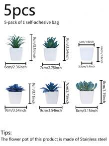 1 Set (5pcs) Artificial Mini Plant Pot Combination (Plastic Material), Home Decor For Living Room, Bedroom, Bathroom, Bookshelf, Cute Party Decoration, Gift - Blue - View 5